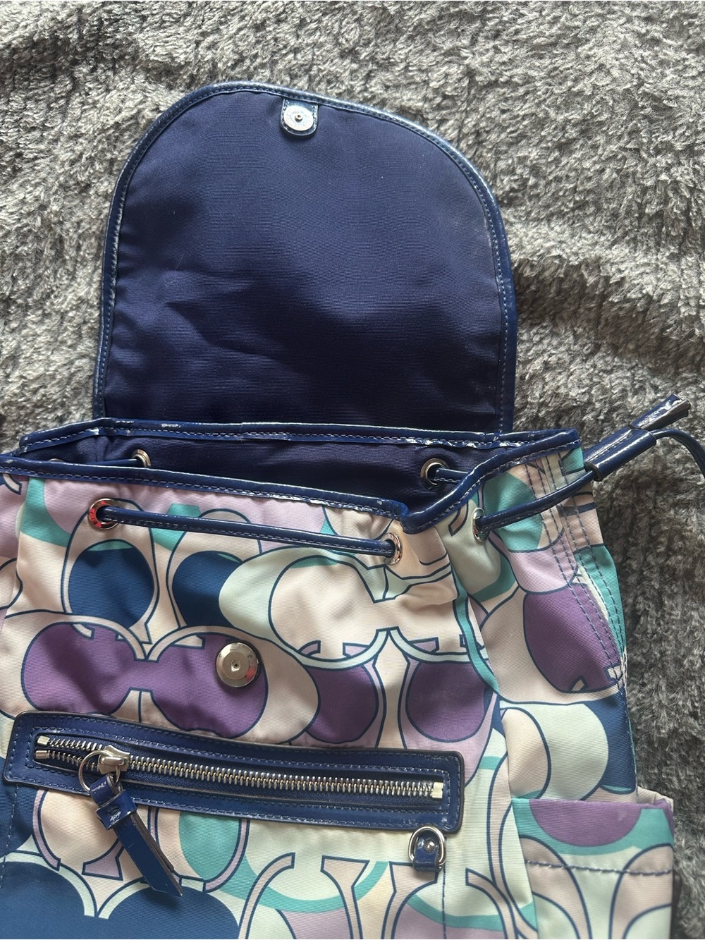 Coach Nylon Backpack in Purple, Teal & Navy Signature Print - Picture 3 of 8